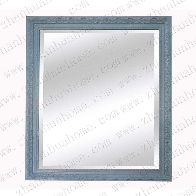 Light blue scratched silver beveled wooden mirror frame